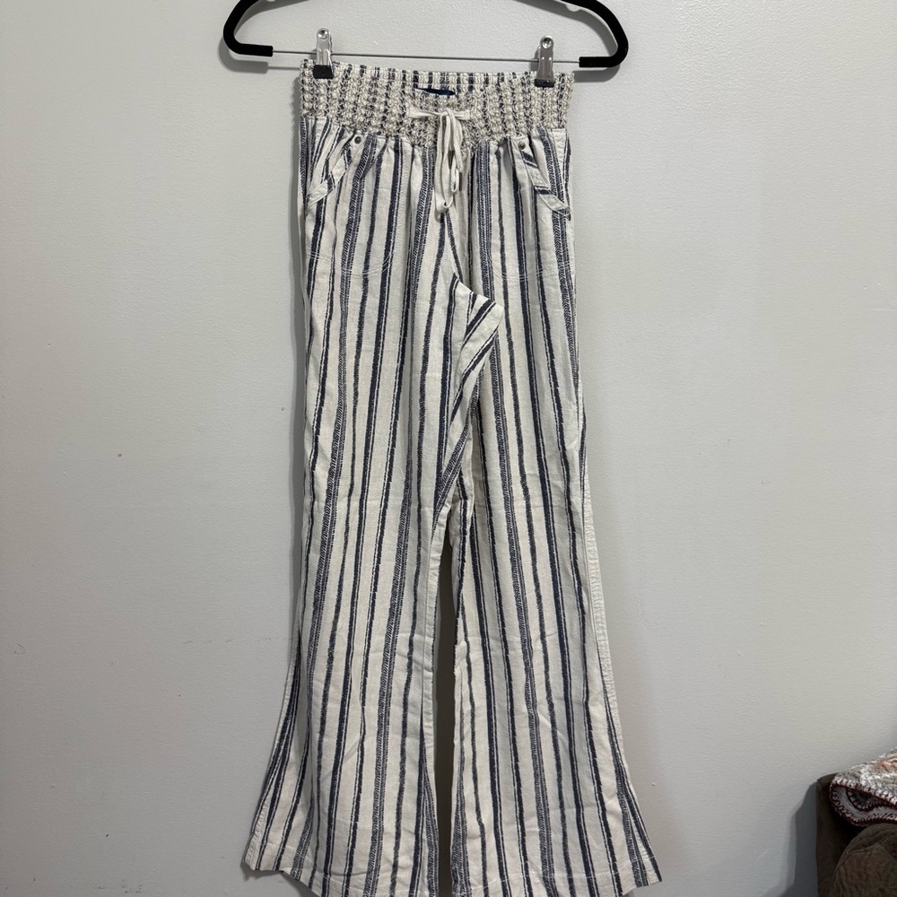 Blue Rain White and Blue Stripe Smocked Waist Linen Pull On Wide Leg Pants Sz S